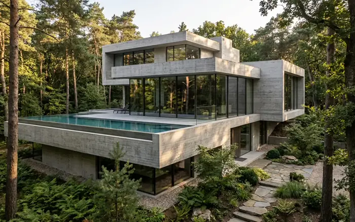 Concrete villa set among trees with a cantilevered upper storey and a pool.
